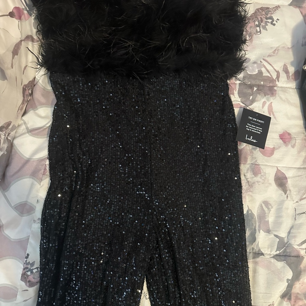 Lulu's Black Feather Trim Jumpsuit